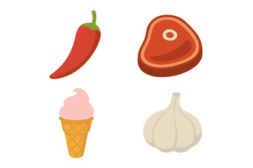 Set of food icons representing different tastes and flavors. Collection of isolated vector illustrations including spicy chili pepper, savory meat steak, sweet ice cream, and pungent garlic.