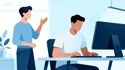 Two men working at office desk with computer