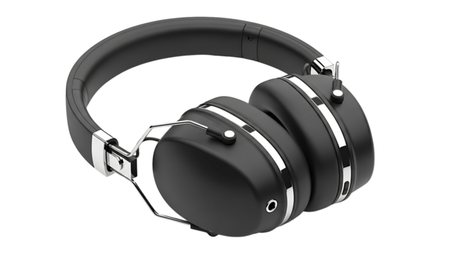 Modern black and silver wireless headphones isolated on white.