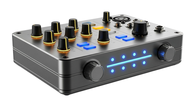Modern audio mixer with glowing blue lights and knobs.