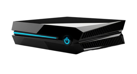 Modern black video game console isolated on white.