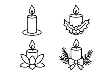 Vector candle line icon set. Christmas decoration with holly and pine branch. Spa, meditation, wellness symbol with lotus flower. Simple candlelight outline illustration.