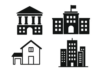 Fototapeta premium Building icon set vector. Real estate and architecture symbols. House, bank, school, office, courthouse pictogram. Municipal government, city center, and residential property.