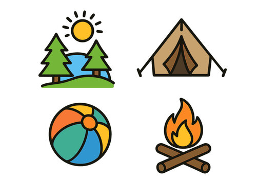 Outdoor adventure and nature fun icon set. Vector logos for camping, travel, and summer vacation. Includes sunny landscape with trees, tent, beach ball, and campfire symbols.
