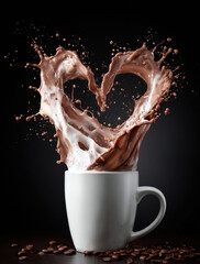 A white coffee cup with splashes of brown and milk forming a heart in the air — a symbol of warmth, love, and morning coziness. Against a dark background, the droplets stand out vividly, emphasizing 
