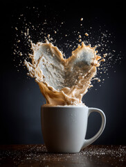 A white coffee cup with splashes of brown and milk forming a heart in the air — a symbol of warmth, love, and morning coziness. Against a dark background, the droplets stand out vividly, emphasizing 