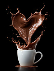 A white coffee cup with splashes of brown and milk forming a heart in the air — a symbol of warmth, love, and morning coziness. Against a dark background, the droplets stand out vividly, emphasizing 