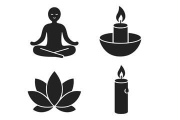 Relaxation and meditation vector icon set. Person in lotus yoga pose, candle flame light, and lily flower symbols. Mindfulness, wellness, spiritual balance concept graphic design.