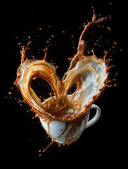 A white coffee cup with splashes of brown and milk forming a heart in the air — a symbol of warmth, love, and morning coziness. Against a dark background, the droplets stand out vividly, emphasizing 