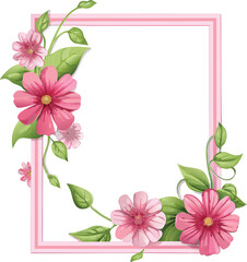 Fototapeta premium Pink flowers and green leaves frame with pink border