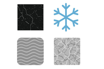 Vector set of textures and frozen symbols. Collection of winter graphic elements. Snowflake icon, cracked ice, dry ground, and abstract water wave patterns for design.