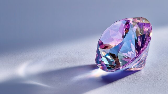 Shiny faceted amethyst gemstone placed on soft violet surface with glowing reflections
