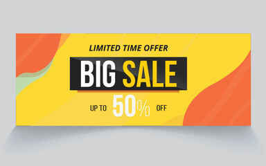 Limited time offer banner with bold yellow and orange abstract design featuring BIG SALE text and 50% OFF promotion. Perfect for e-commerce, social media campaigns, website headers, and digital market