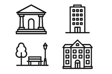 City life icon set. Bank, courthouse, school, office building symbols. Public park with bench. Municipal center elements. Urban architecture line art. Vector real estate icons.