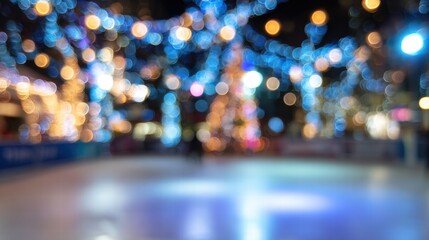Blurred Christmas ice skating rink with calm festive winter mood.