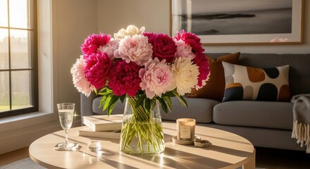 a vase of vibrant red and white carnations on a coffee table, cozy living room with warm lighting, soft focus, detailed, photorealistic

