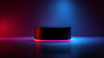 Obraz premium A black cylinder platform with pink rim lighting under blue and red spotlights in a dark room