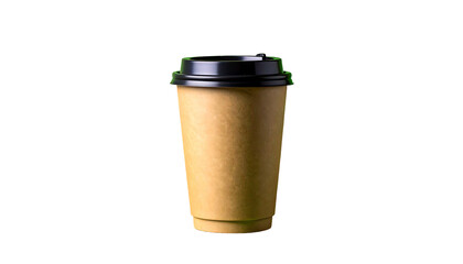 Brown paper coffee cup with a black lid isolated on a white background.