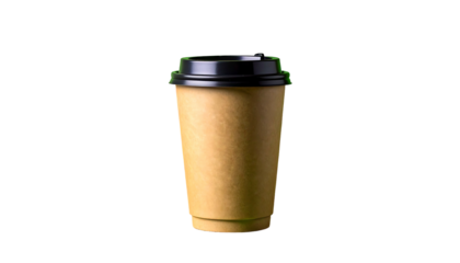 Brown paper coffee cup with a black lid isolated on a white background.