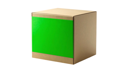 Cardboard box with green label isolated on white background.