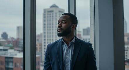 Fototapeta premium Ambitious businessman gazes thoughtfully out a high rise window towards city skyline