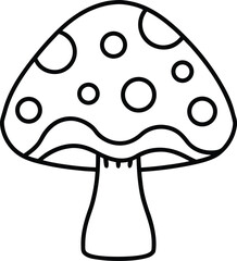 Simple black and white outline illustration of a mushroom with spots, isolated on a white background