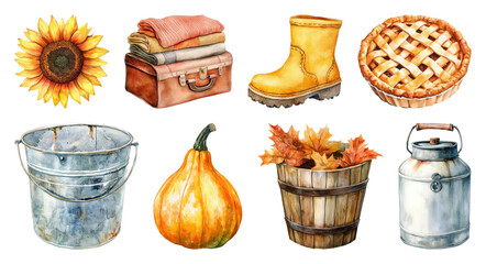 PNG Autumn harvest watercolor illustrations, element set on transparent background