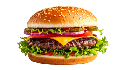 Classic cheeseburger with fresh toppings isolated on white background.