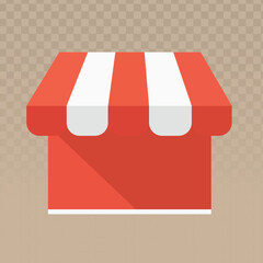 Flat icon of a storefront with red and white striped awning. Ideal for e-commerce, retail apps, online shopping concepts, business interfaces, and digital designs needing a clear shop symbol.