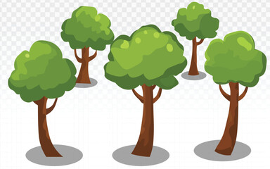Set of simple cartoon trees in flat design. Perfect for children's books, educational content, casual games, and nature-themed web or mobile applications requiring playful tree graphics.