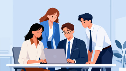 Business team collaborating around laptop