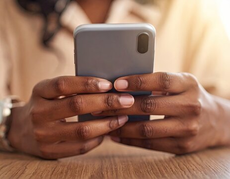 Close up of African American Woman Holding a Gray Mobile Phone Over Wooden Table With Beige Blouse with Soft Lighting in Indoor Setting - Powered by Adobe