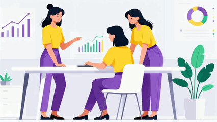 Three women in yellow shirts working at desk