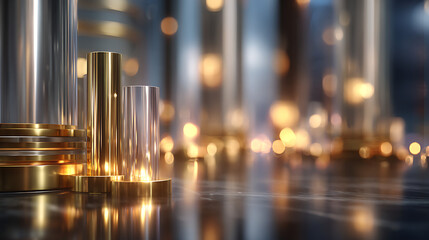 Obraz premium Abstract Shiny Chrome and Golden Metallic Cylinders on Polished Surface with Bokeh Lights