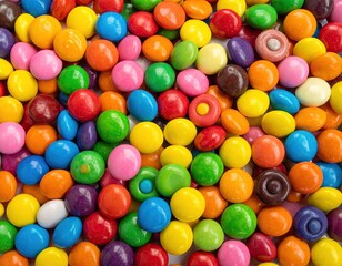 Close Up of Assorted Colorful Round Candies on White Surface Creating a Vibrant and Playful Texture with Detailed Shadows