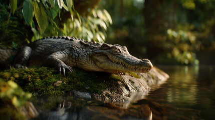 American Alligator Sunning on Mossy Riverbank in Soft Morning Light
