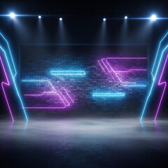Neon-lit environment featuring blue and purple glowing lines against a textured brick wall with atmospheric fog and spotlights.