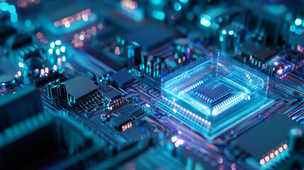 A close up shot of a computer motherboard with glowing blue lights and intricate circuit patterns visible