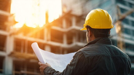 Engineer wearing yellow safety helmet checking construction blueprints at building site with sunlight background.