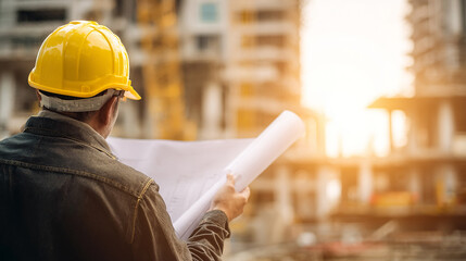 Engineer wearing yellow safety helmet checking construction blueprints at building site with sunlight background.