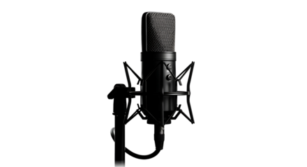 Professional studio condenser microphone on a stand isolated on a white background.