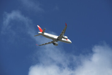 Airplane in the blue sky.