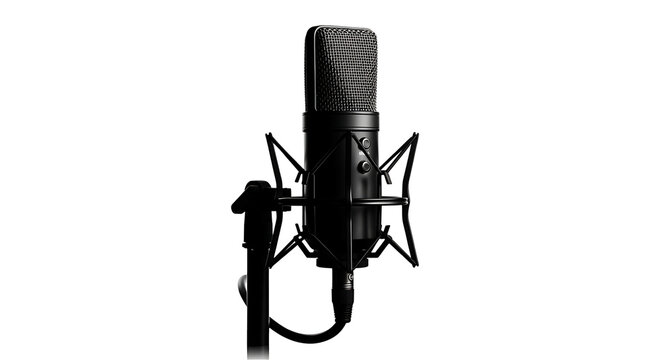 Professional studio condenser microphone on a stand isolated on a white background.