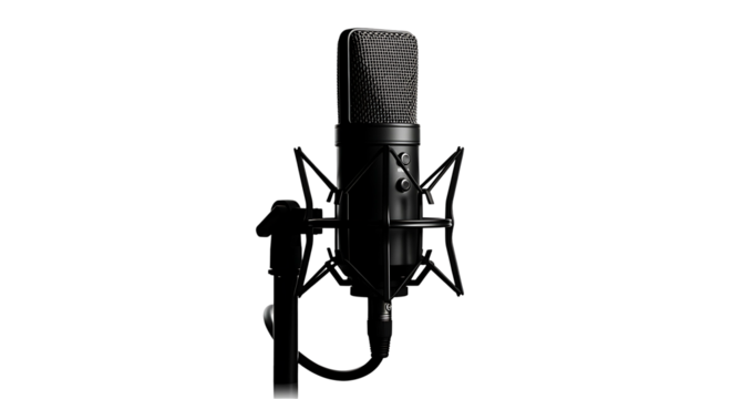 Professional studio condenser microphone on a stand isolated on a white background.