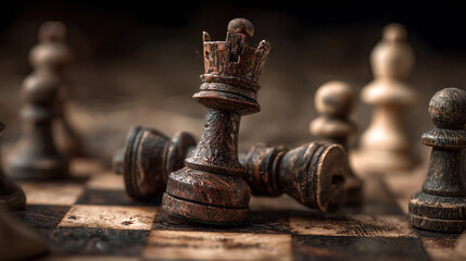 Fallen chess king surrounded by pawns, symbol of leadership failure and business risk.
