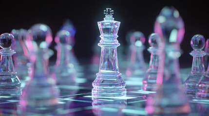 Glowing holographic chess king standing tall among pawns on futuristic digital board, concept of leadership in technology.