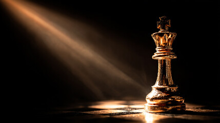 Glowing holographic chess king standing tall among pawns on futuristic digital board, concept of leadership in technology.