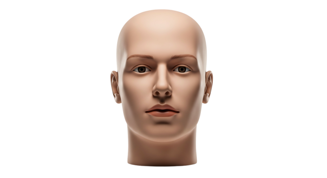 Realistic mannequin head portrait against a white background.