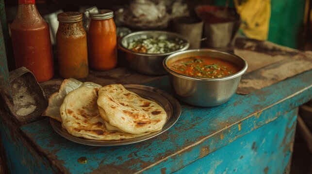 South Indian parotta with salna curry, rustic street-side stall table aesthetic.