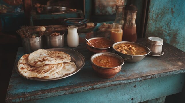 South Indian parotta with salna curry, rustic street-side stall table aesthetic.